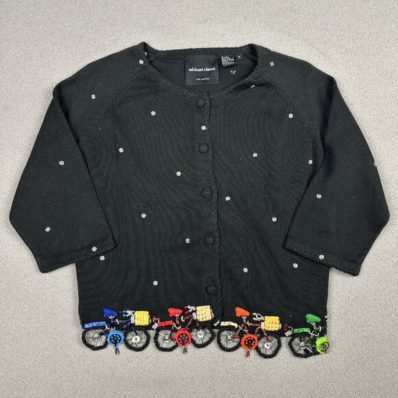2000 Michael Simon Bicycle Cardigan Sweater Womens Size M Beaded Snaps - Picture 1 of 10
